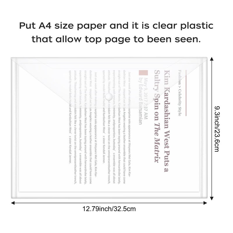 JIKIOU 30pcs Plastic Envelopes, Clear Reusable Poly Envelope Waterproof File Folder with Snap Button, Us Letter/A4 Size - Image 3